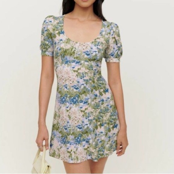 BNWT Reformation Green Floral Mini Dress Size 4 - Picture 1 of 5